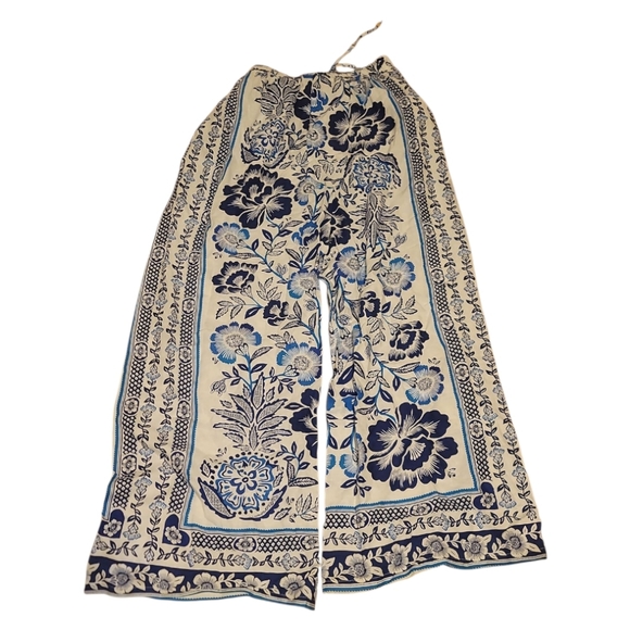 Rachel zoe Floral Blue White rayon linen blend wide leg Pants Small - Picture 3 of 6